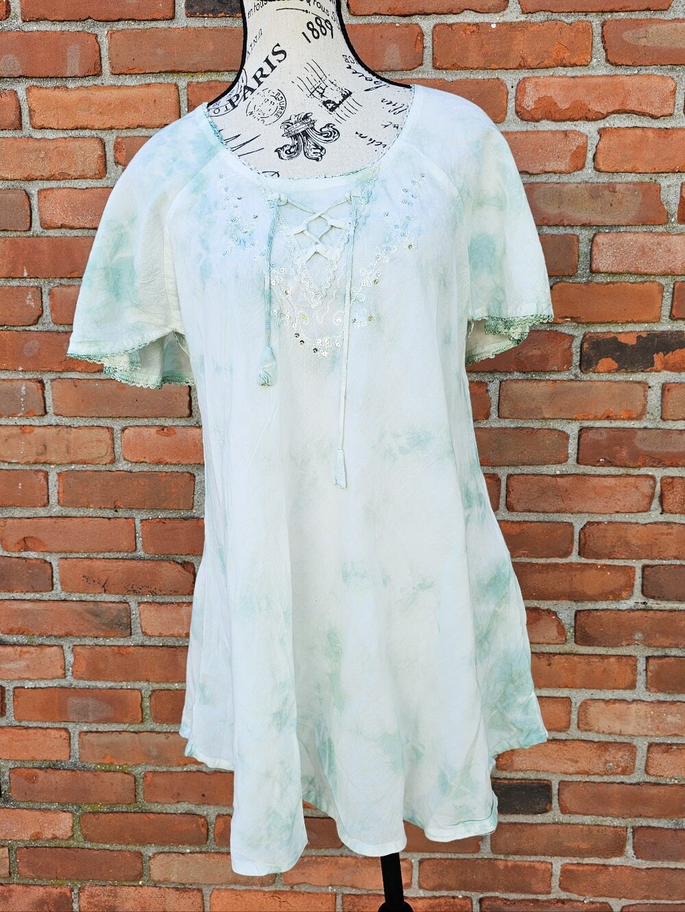 Ananta Tie-Dye Embroidered Lyocell Tunic Blouse Women’s S/M Green White